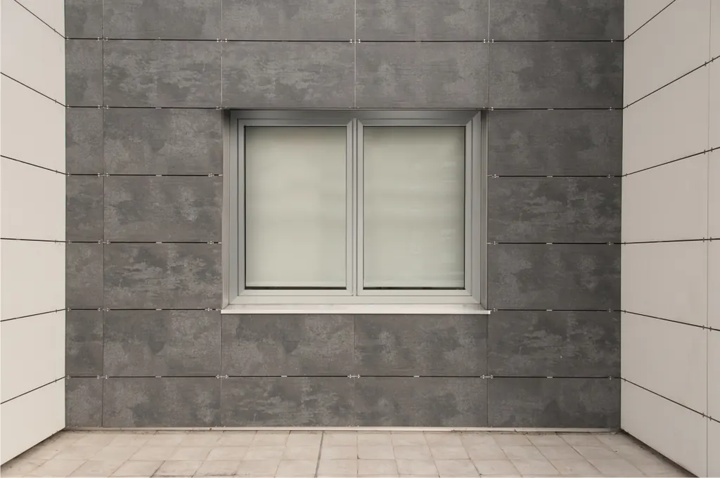 Ventana con persiana y cajón compacto en una fachada gris