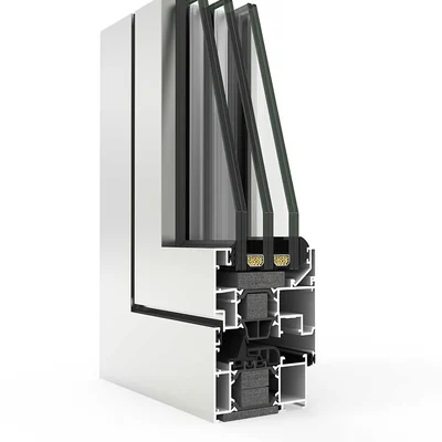 Sección de una ventana abisagrada de aluminio blanca con triple vidrio