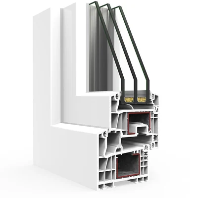 Sección de una ventana abisagrada de PVC blanca con triple vidrio
